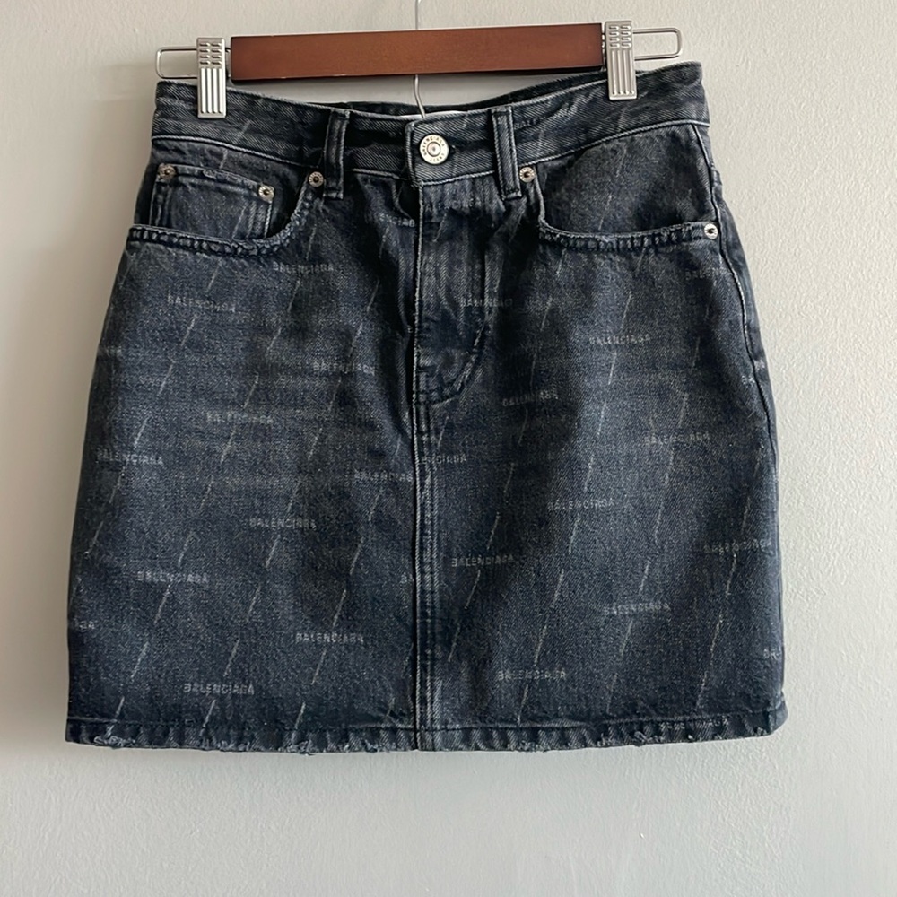 Balenciaga Black Logo Denim Mini Skirt Distressed Cotton EU 34 US 2
